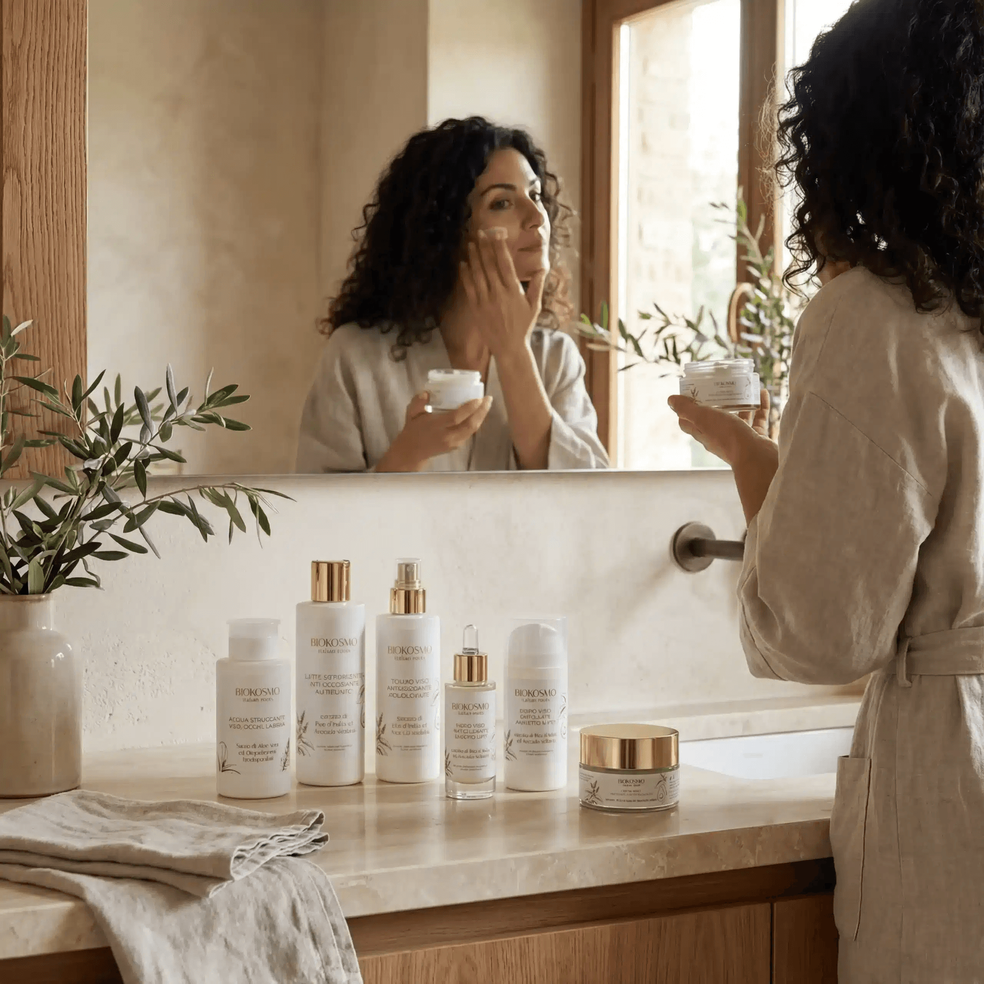 Premium skincare product photography in a bathroom mirror scene