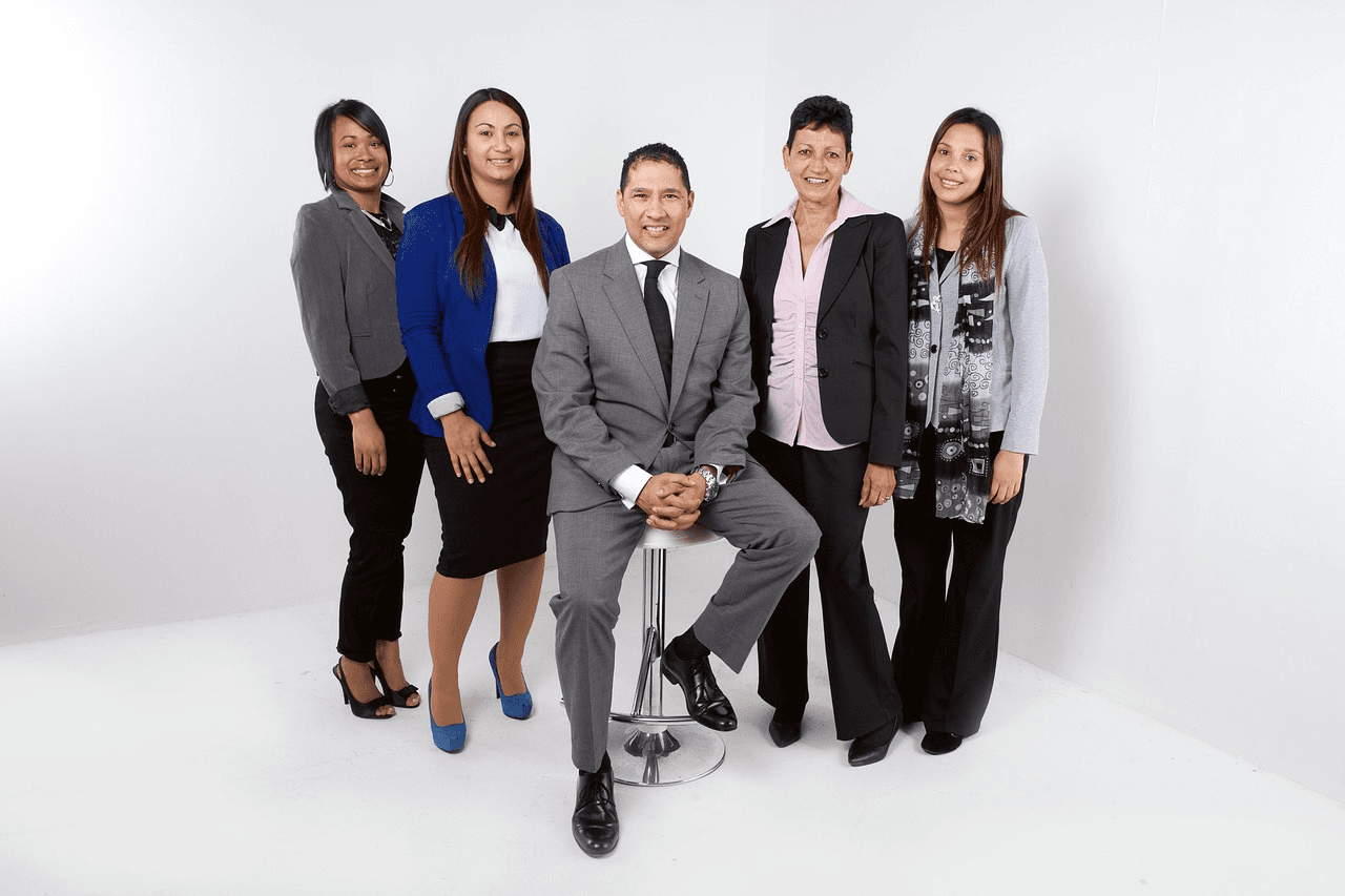 Business team portrait in a bright studio